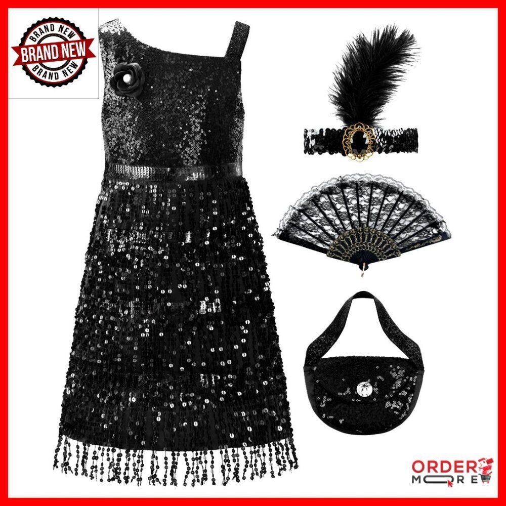 Girls Flapper Dress Costume Set with Feather Headband and Clutch